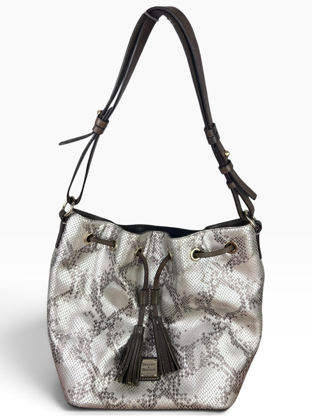 Dooney & Bourke Serena Drawstring Bag in Metallic Silver Python -Limited Edition